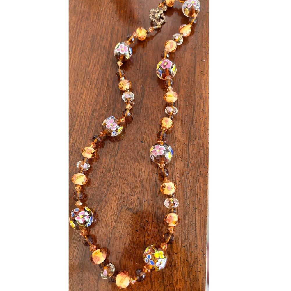 Vintage Murano Millefiori Glass Bead Flowers & Carnival Glass Necklace